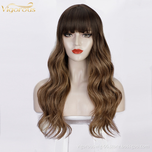 Vigorous Cheap Price Curly Mono Brown Body Wave Hair Heat Resistant Fiber For Women Synthetic Wig With Neat Bang